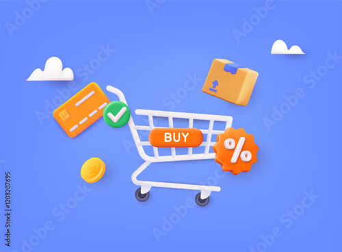 Online shopping on application and website concept, digital marketing online, shopping cart. 3D Web Vector Illustrations.