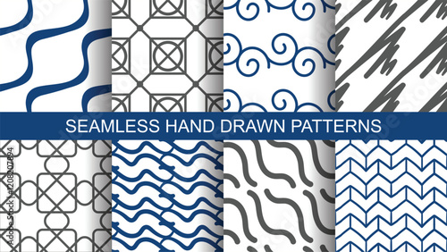 Set of seamless hand drawn linear patterns
