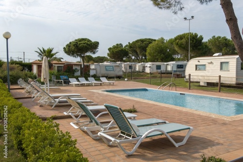 Caravan park with swimming pool and sun loungers, relaxation, caravan parks, water sports