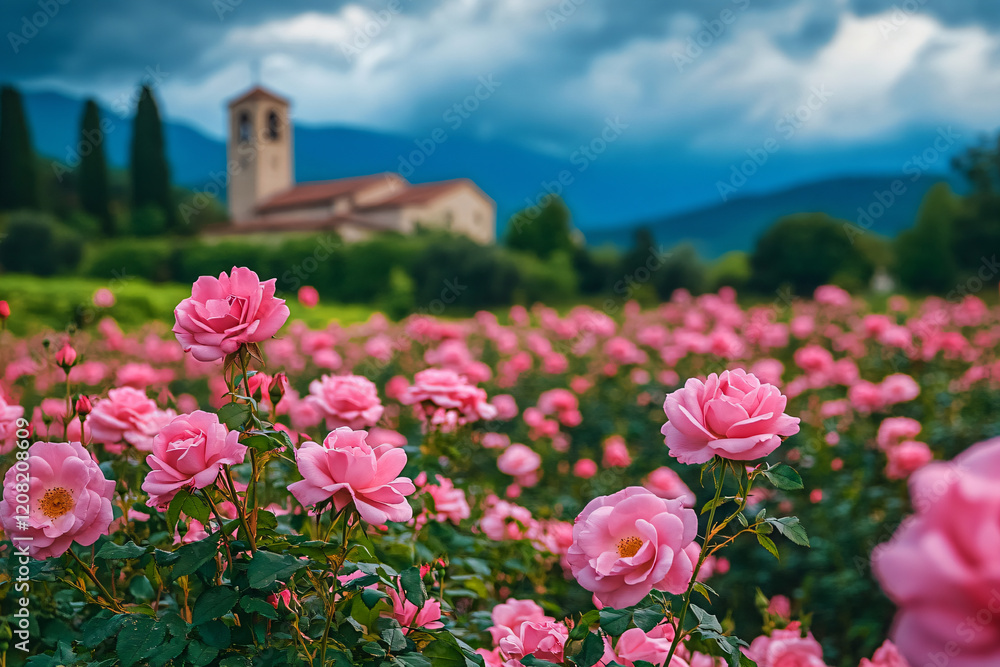 a field of pink roses with a church in the background a field of pink roses with a church in the background