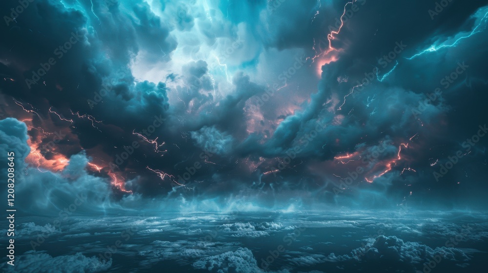 Thunderstorm showcases an abstract power. Lightning and rain fill the dark, stormy sky. Thunderstorm showcases an abstract power. Lightning and rain fill the dark, stormy sky.