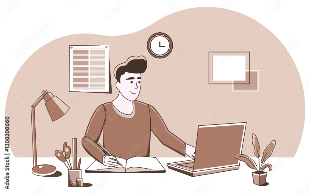 Focused character at the table writing in a book and using a laptop at the same time. Work environment with writing utensils and decor. Illustration in trendy color for web design. Focused character at the table writing in a book and using a laptop at the same time. Work environment with writing utensils and decor. Illustration in trendy color for web design.
