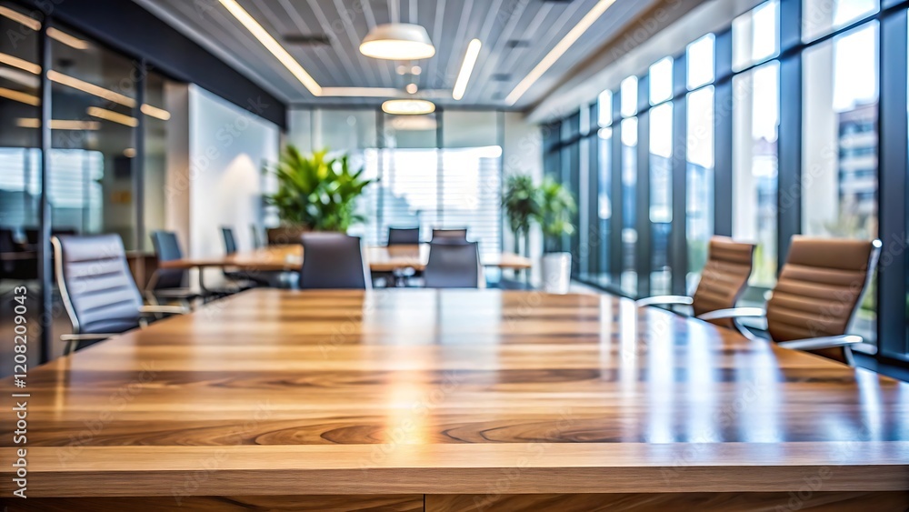 A wooden table in the foreground with a blurred modern conference room in the background A wooden table in the foreground with a blurred modern conference room in the background