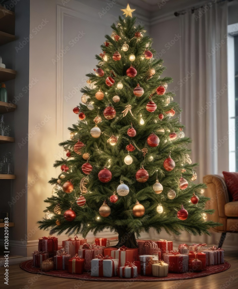Christmas tree decorated with ornaments and lights, festive decoration, warm ambiance, merry atmosphere Christmas tree decorated with ornaments and lights, festive decoration, warm ambiance, merry atmosphere