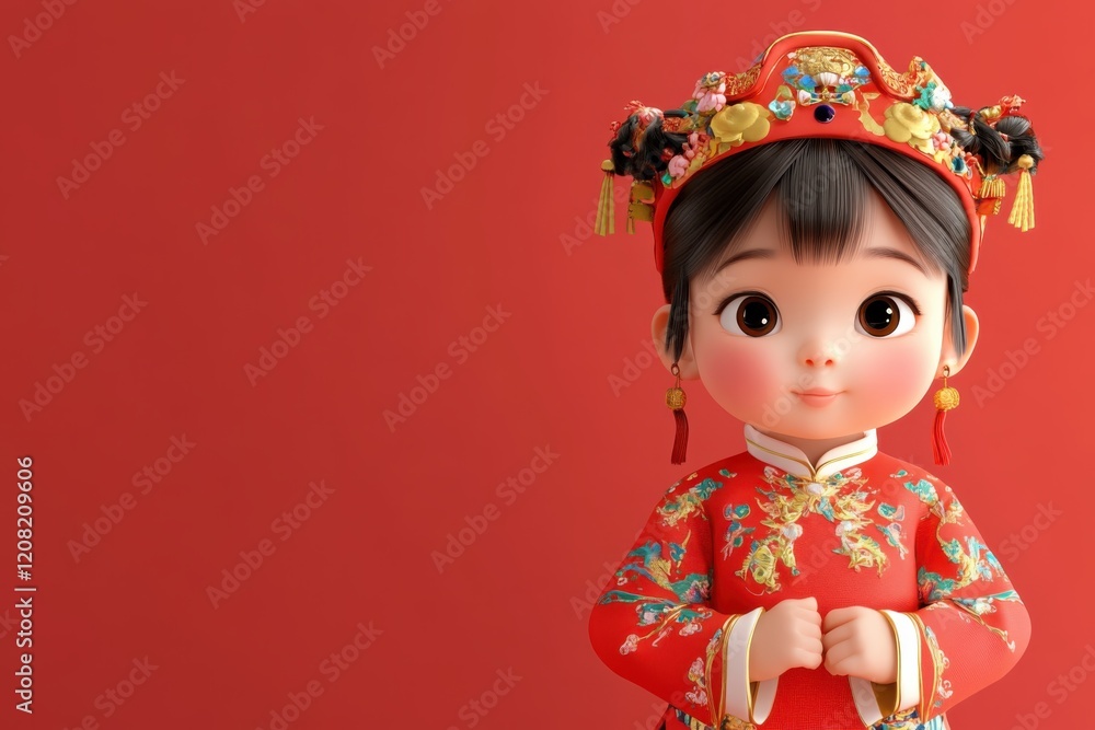 Cute little girl with a traditional Chinese costume on light red background. Generation AI. Cute little girl with a traditional Chinese costume on light red background. Generation AI.