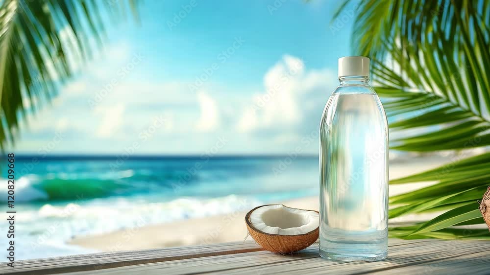 Refreshing water bottle stands next to a halved coconut on a sunny beach with ocean waves lapping against the shore in the background Refreshing water bottle stands next to a halved coconut on a sunny beach with ocean waves lapping against the shore in the background