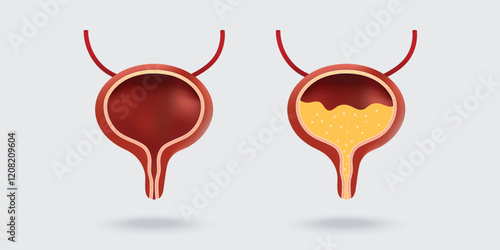 Human bladder anatomy. Empty and full urinary bladder. Vector illustration isolated on white background