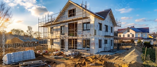 Rural home construction, building country house, scaffolding for insulation external wall facade. Two-story country house construction. Insulation of the house with mineral wool