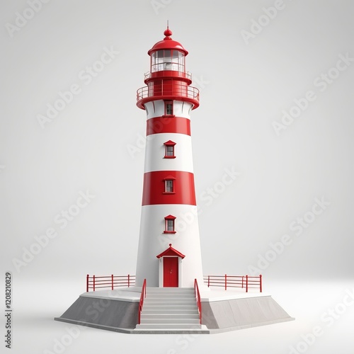 Simplified modern illustration of a red and white lighthouse with clean lines and minimalistic style, ideal for nautical, coastal, and maritime-themed projects. photo