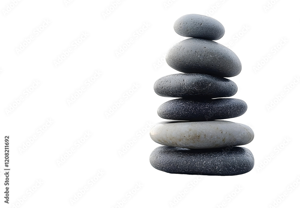 Stacked gray pebbles arranged in a balanced formation on a white background, highlighting simplicity and tranquility, ideal for decoration or meditation purposes