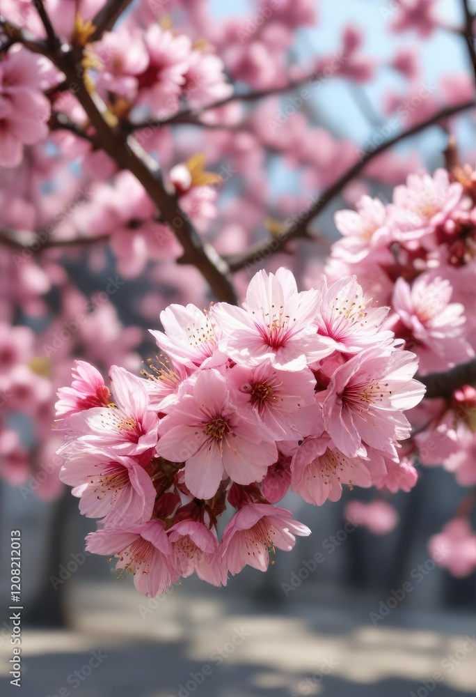 Close-up of pink cherry blossoms on a blurred background, bloom, freshness Close-up of pink cherry blossoms on a blurred background, bloom, freshness