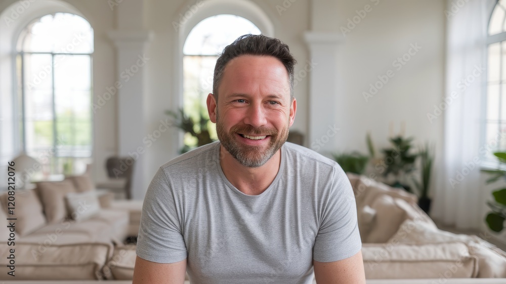 Smiling Caucasian man with a beard in a modern, bright living room filled with plants and soft furnishings, conveying a sense of warmth and comfort.