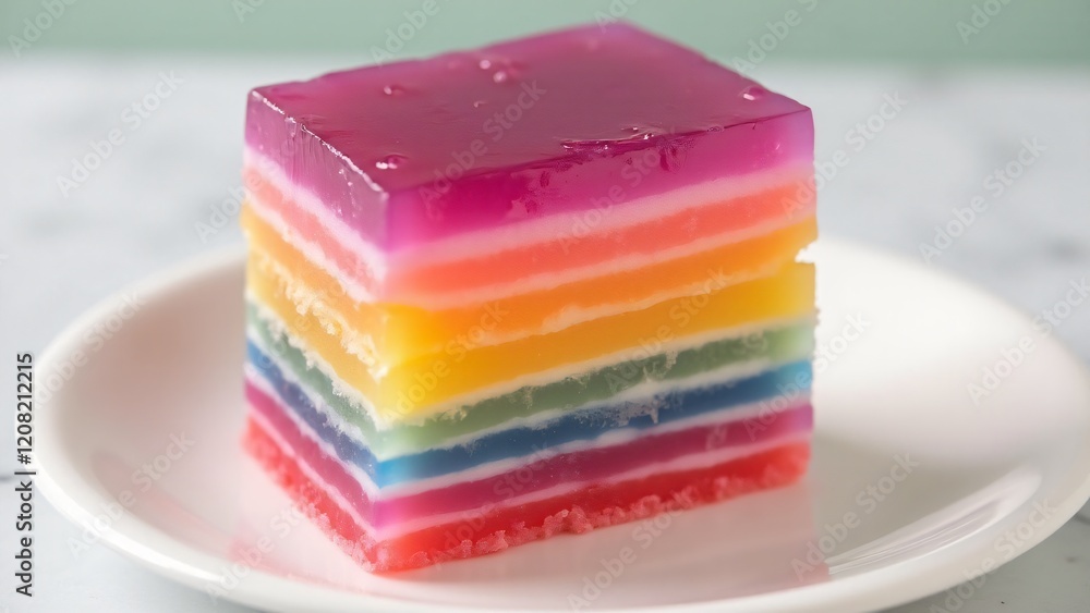 A multi-layered Jell-O cake with colorful gelatin layers stacked neatly. Each slice reveals the vibrant gradient of shades, presented on a clean plate with minimal decoration. A multi-layered Jell-O cake with colorful gelatin layers stacked neatly. Each slice reveals the vibrant gradient of shades, presented on a clean plate with minimal decoration.
