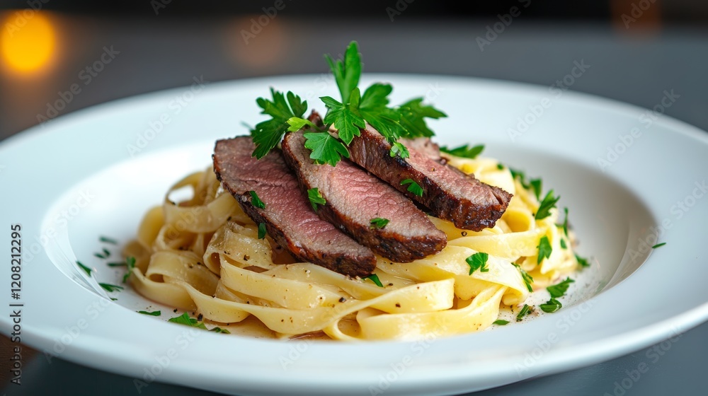 A white plate of perfectly cooked Linguine pasta with succulent slices of roast beef topped with fresh parsley leaves. Linguine served with beef. A white plate of perfectly cooked Linguine pasta with succulent slices of roast beef topped with fresh parsley leaves. Linguine served with beef.