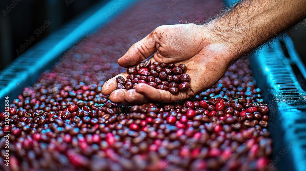 Coffee Beans Processing: A Farmer's Hand Selects Premium Coffee Beans Coffee Beans Processing: A Farmer's Hand Selects Premium Coffee Beans