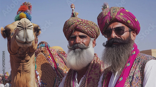 Jaisalmer Desert Festival, Longest moustache competition with bearded men in traditional attire posing proudly, decorated camels standing near them. photo