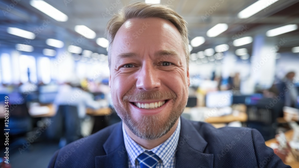 Cheerful businessman with a beard smiles confidently in a modern office setting, creating a positive and approachable atmosphere. Cheerful businessman with a beard smiles confidently in a modern office setting, creating a positive and approachable atmosphere.