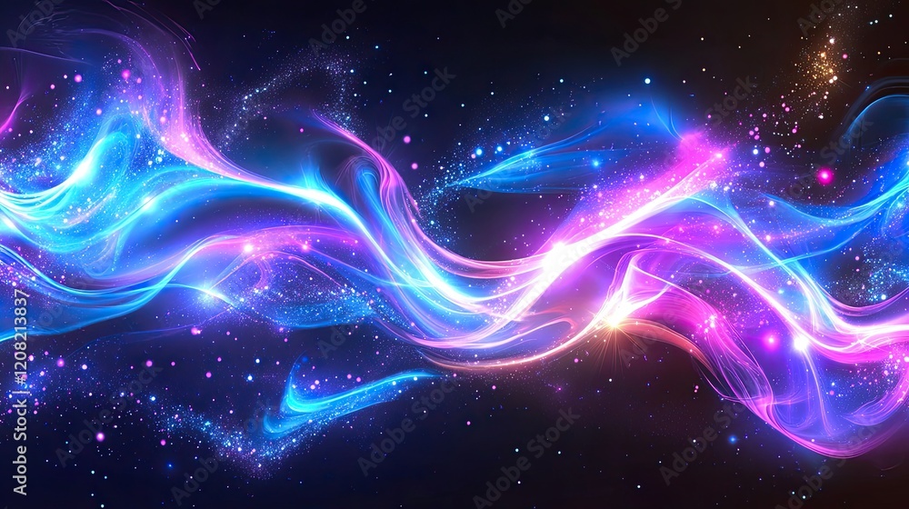 Fototapeta premium Abstract blue and purple liquid wavy shapes futuristic banner. Glowing retro waves vector background