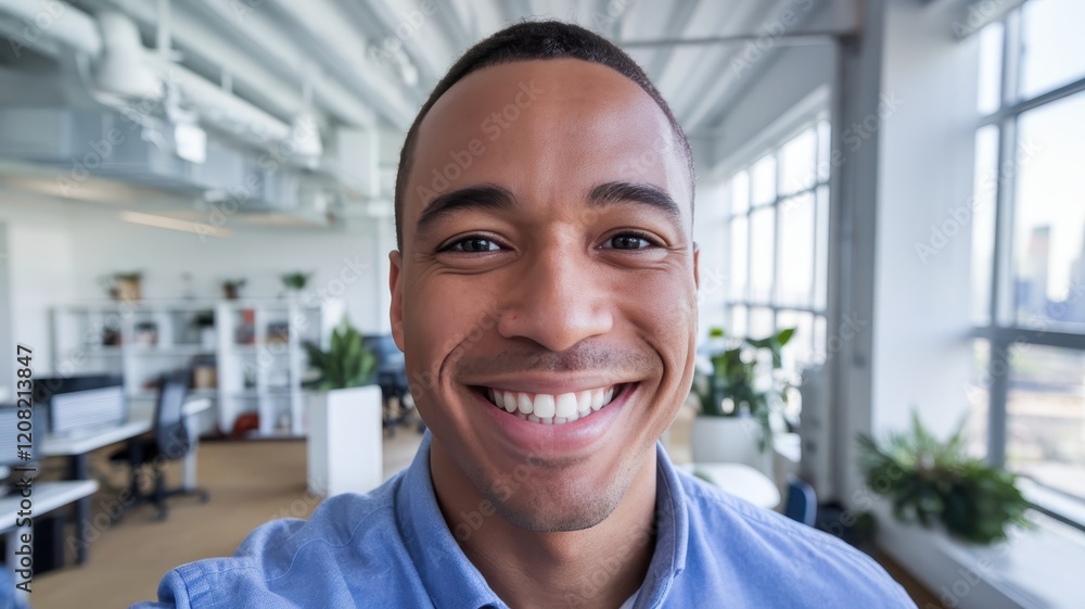 A smiling African American man in a light blue shirt stands in a bright, modern office space filled with plants and natural light. A smiling African American man in a light blue shirt stands in a bright, modern office space filled with plants and natural light.