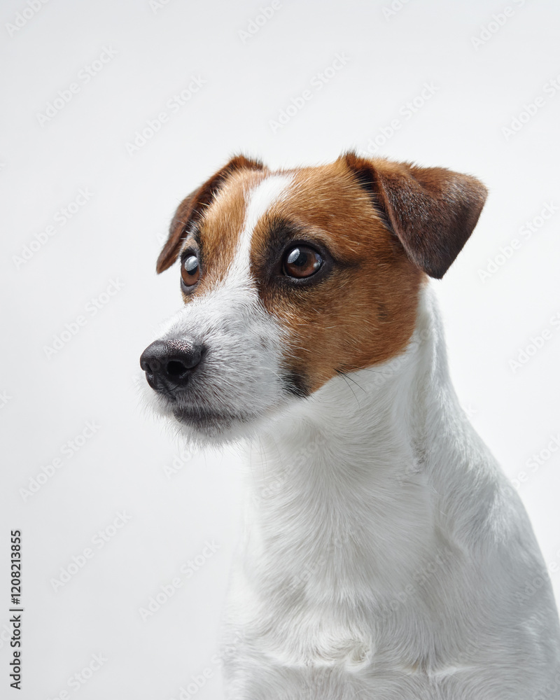 A Jack Russell Terrier facing left against a white backdrop. The close-up captures the dog's attentive expression and sleek coat. A Jack Russell Terrier facing left against a white backdrop. The close-up captures the dog's attentive expression and sleek coat.