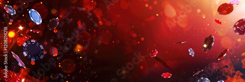 falling colorful poker chips, gambling, horizontal casino banner, shining bright abstract red background, glitter and radiance, copy space, free space for text