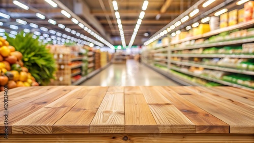 Wallpaper Mural Empty wooden table in front of a blurred supermarket aisle Torontodigital.ca