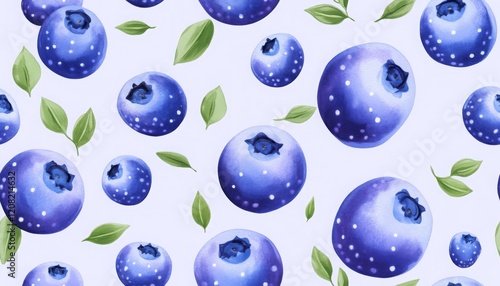 seamless repeating pattern of plump blueberries and tiny green sprigs on a light lavender background 
 photo