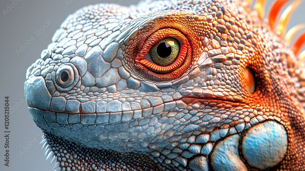 Fototapeta premium Close-up of a vibrant lizard showcasing intricate scales and striking eye colors.