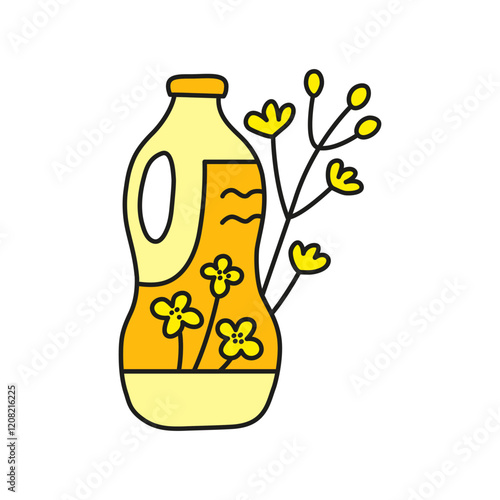 Doodle rapeseed oil in plastic bottle with canola flowers isolated on white background. Vegetable fats. Healthy nutrition concept.
