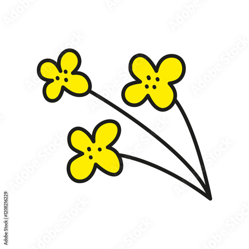 Doodle yellow rapeseed canola flowers isolated on white background.