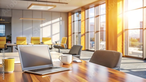 Wallpaper Mural Modern office workspace with laptop on wooden table Torontodigital.ca