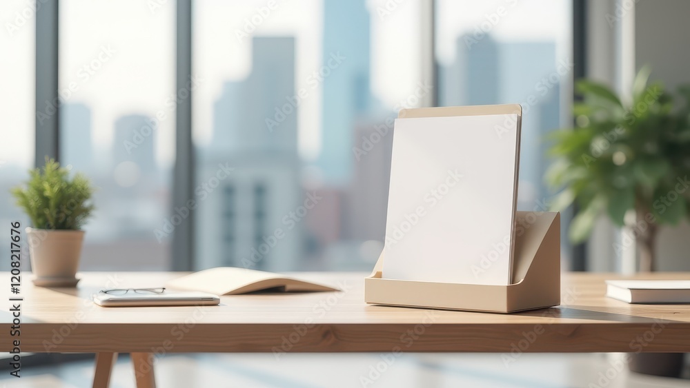 A4 Paper Mockup in Office Setting, Modern office with A4 mockup on desk city view sleek design photorealistic. A4 Paper Mockup in Office Setting, Modern office with A4 mockup on desk city view sleek design photorealistic.