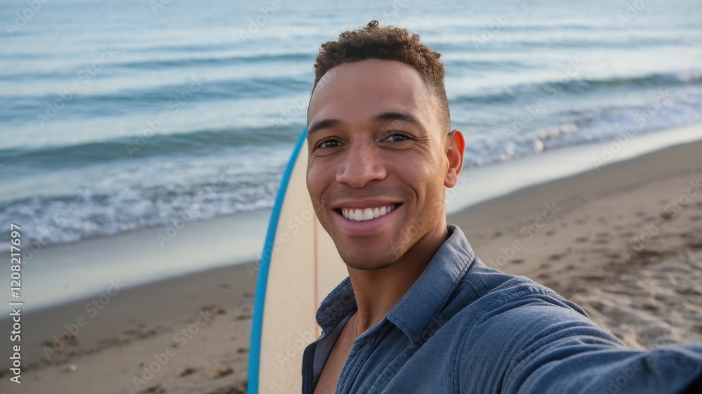 A cheerful young Black man takes a selfie on the beach, showcasing his surfboard and the serene ocean waves in the background during golden hour. A cheerful young Black man takes a selfie on the beach, showcasing his surfboard and the serene ocean waves in the background during golden hour.