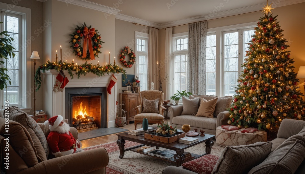 Richly decorated with a tall Christmas tree and stockings hung by the mantel, the living room radiates warmth and seasonal cheer on a chilly evening Richly decorated with a tall Christmas tree and stockings hung by the mantel, the living room radiates warmth and seasonal cheer on a chilly evening