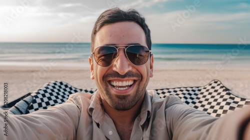 Smiling Middle-Eastern man enjoying a beach day, capturing a sunny selfie with the ocean in the background, wearing stylish sunglasses.