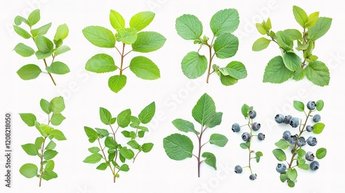Isolated Green Leaves of Blueberry Plant on White Background