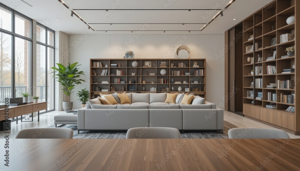 Fototapeta premium A spacious living room showcases a plush gray sofa adorned with yellow cushions. Expansive windows brighten the room, while a cozy bookshelf lines the wall, filled with books and decorative accents
