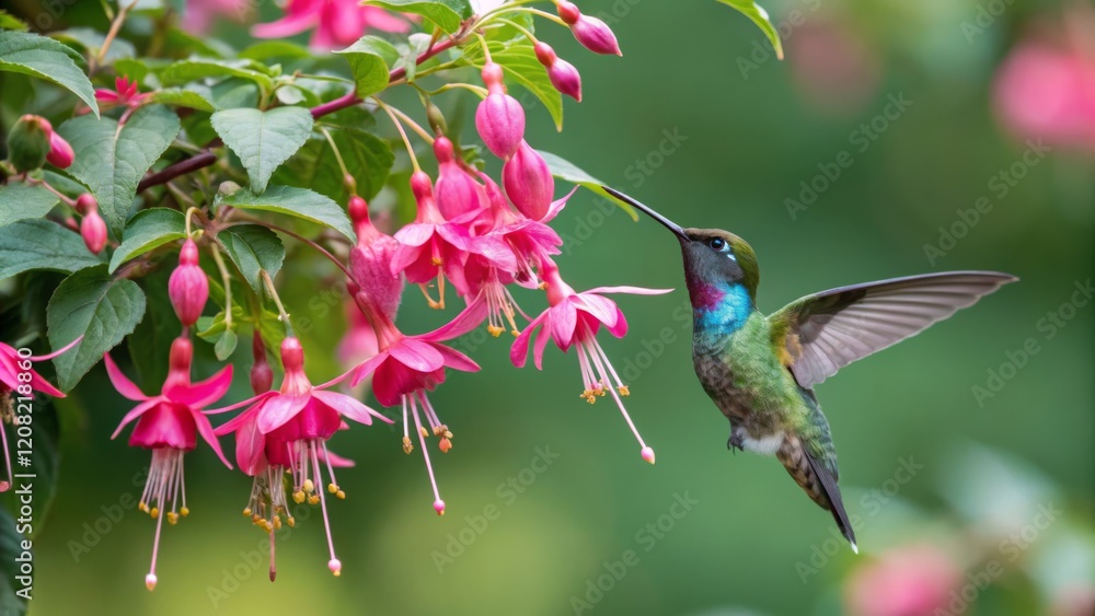 Naklejka premium Hummingbird Feeding on Fuchsia Close-up Composition, Vibrant Colors, Nature Photography, Hummingbird, Fuchsia Hummingbirds, Pollination