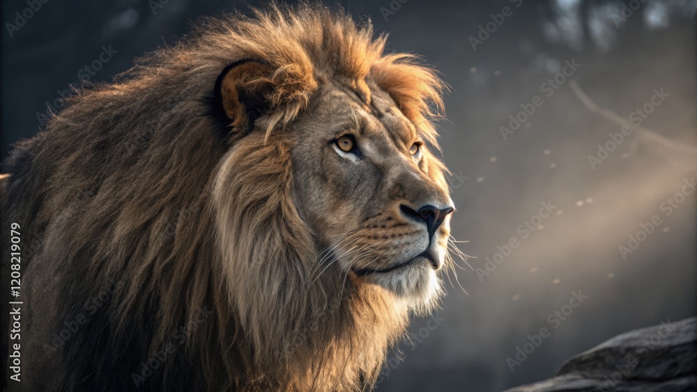 Fototapeta premium Majestic Lion Portrait Golden Hour Lighting, Close-up Composition, King of the Jungle Concept,Wildlife Photography,Animal Portrait Lion,Wildlife photography