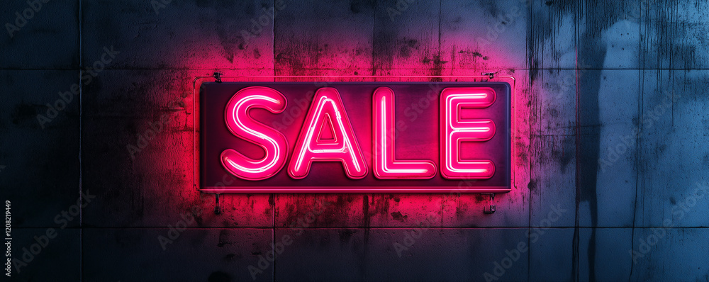 Bright neon SALE sign illuminates a minimalistic urban backdrop in the evening hours