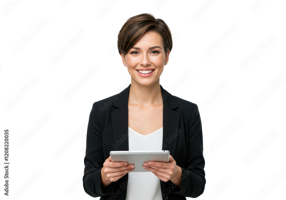 A smiling young woman with short brown hair, wearing a black blazer and white top, holding a tablet isolated on transparent background A smiling young woman with short brown hair, wearing a black blazer and white top, holding a tablet isolated on transparent background