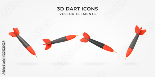 Set Of 3D Darts in different positions. Realistic Game Darts Arrows Icon Collection. 