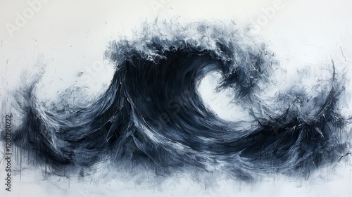 Abstract painting of a powerful ocean wave, rendered in shades of gray and blue, evoking a sense of movement and energy.