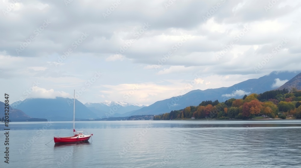 Serene Red Sailboat on Calm Lake with Autumnal Mountain View Serene Red Sailboat on Calm Lake with Autumnal Mountain View