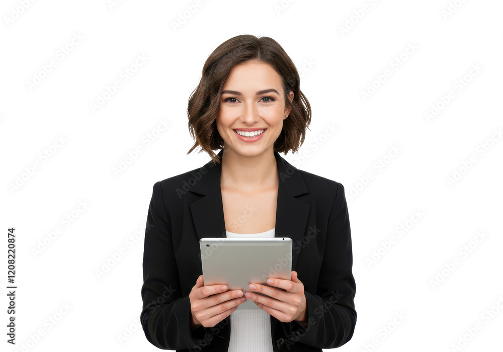A smiling young woman with short brown hair, wearing a black blazer and white top, holding a tablet isolated on transparent background A smiling young woman with short brown hair, wearing a black blazer and white top, holding a tablet isolated on transparent background
