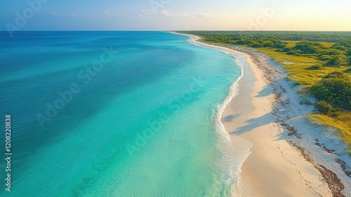 aerial view of pristine crescent beach at first light turquoise waters meeting white sand while seabirds cast long shadows across untouched shore photo