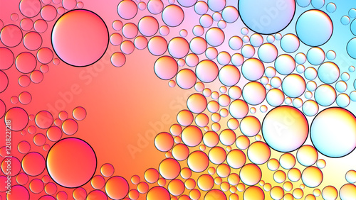Macro view background with transparent oil droplets in water on harmonious gradient blend of pink and blue hues. Closeup vibrant beauty of oil bubbles on water with rich colors. Vector illustration