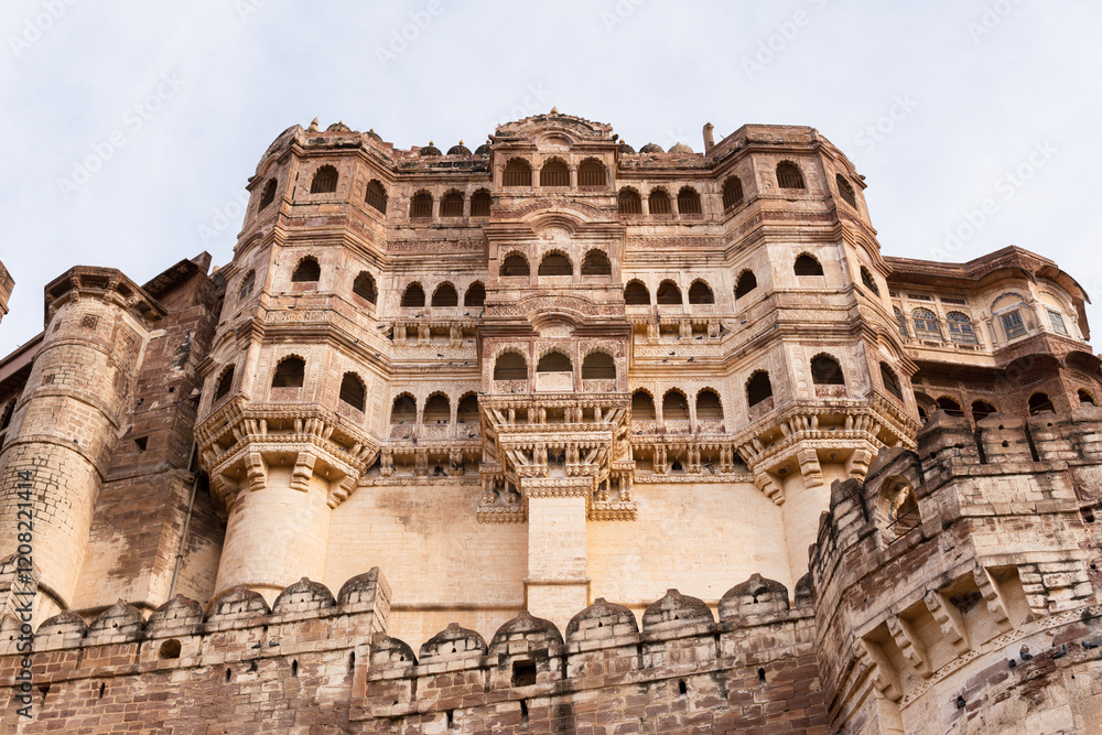 Fototapeta premium Ancient facade of city fort of Jodhpur on a sunny day in Rajasthan, India