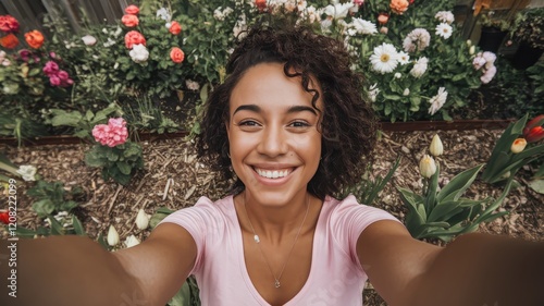 Fototapeta Naklejka Na Ścianę i Meble -  A joyful young woman of mixed ethnicity smiles brightly while taking a selfie in a vibrant flower garden filled with various colorful blooms.
