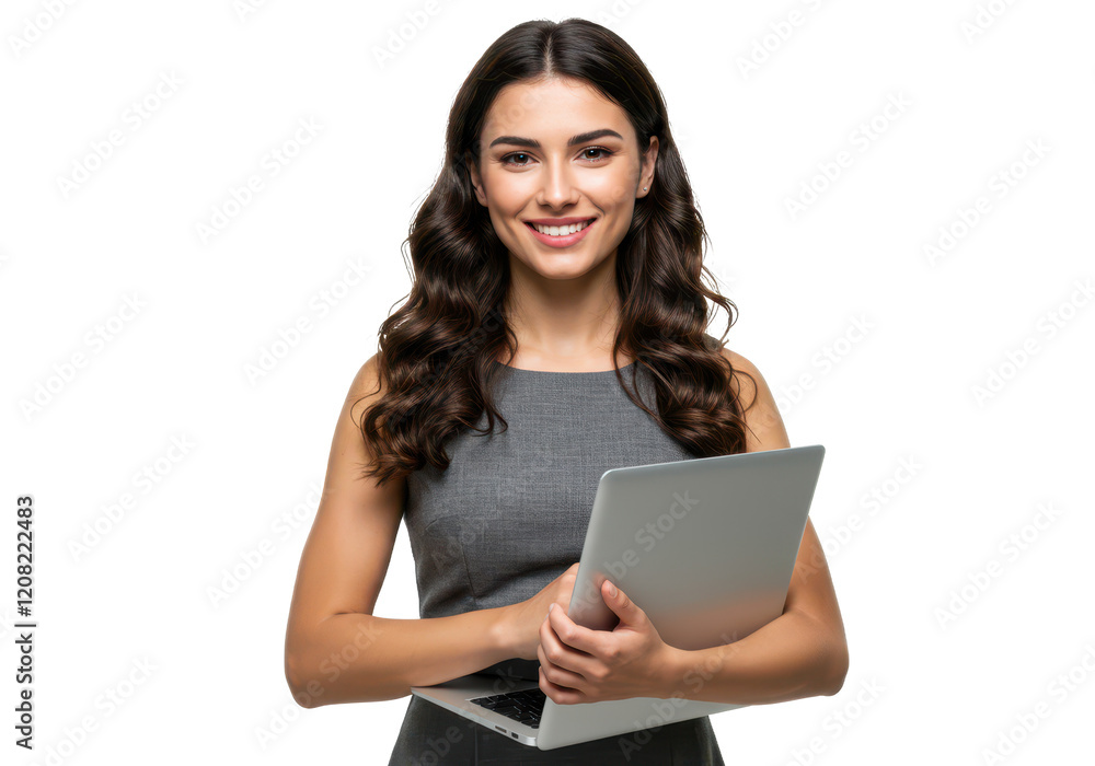 A confident woman with wavy dark brown hair, wearing a gray dress, holding a laptop and smiling warmly isolated on transparent background A confident woman with wavy dark brown hair, wearing a gray dress, holding a laptop and smiling warmly isolated on transparent background